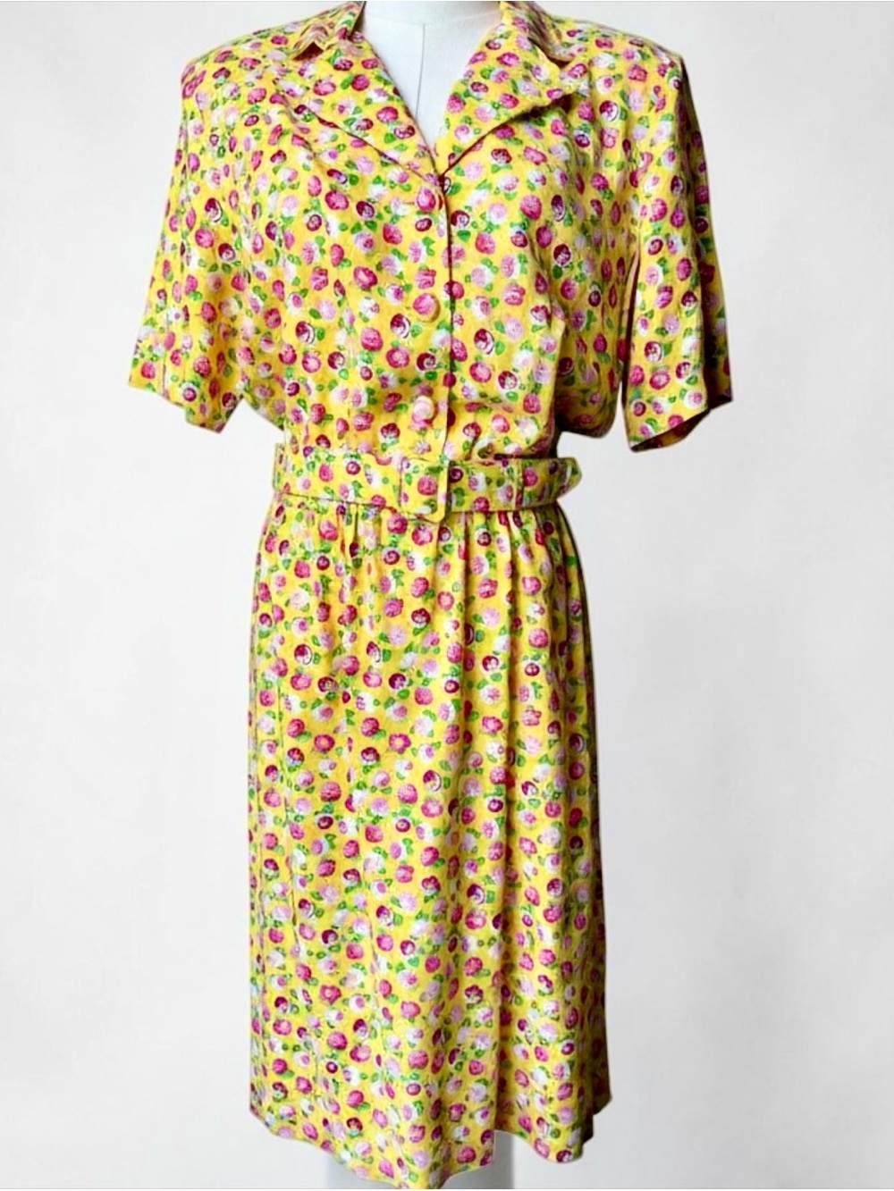 Yellow Floral Dress Button Front Short Sleeve Elastic Waist M Vintage